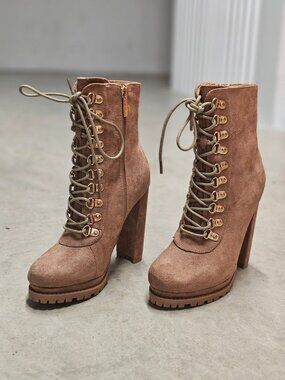Faux Suede Lace-Up High Heel Platform Boots Taupe Womens Size 6.5